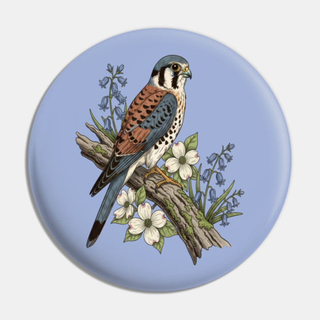 American Kestrel with Bluebells and Dogwood Botanicals Pin by BirdsnStuff