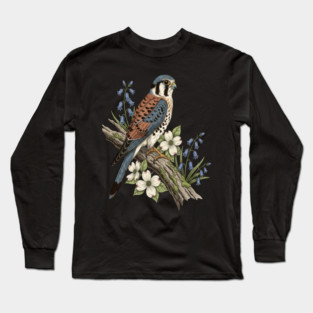 American Kestrel with Bluebells and Dogwood Botanicals Long Sleeve T-Shirt
