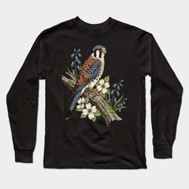 American Kestrel with Bluebells and Dogwood Botanicals Long Sleeve T-Shirt by BirdsnStuff
