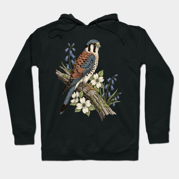 American Kestrel with Bluebells and Dogwood Botanicals Hoodie by BirdsnStuff
