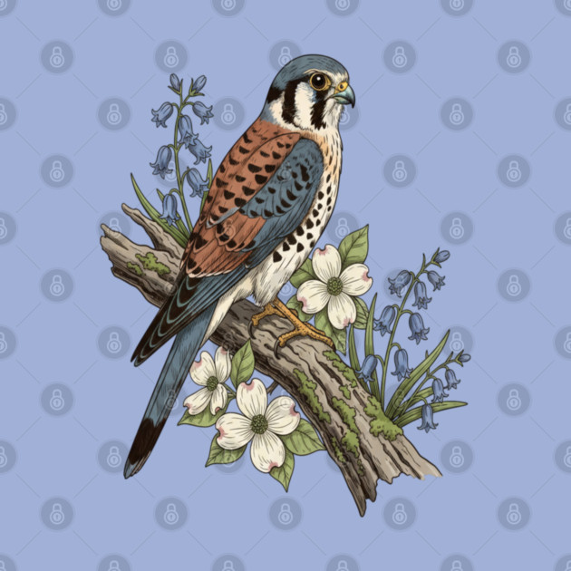 American Kestrel with Bluebells and Dogwood Botanicals by BirdsnStuff