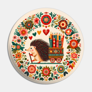 Hedgehog with Pencil Cart – Scandinavian Folk Art Back to School Design © heidiannemorris Pin