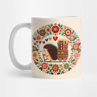 Hedgehog with Pencil Cart – Scandinavian Folk Art Back to School Design © heidiannemorris Mug