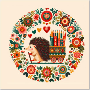 Hedgehog with Pencil Cart – Scandinavian Folk Art Back to School Design © heidiannemorris Posters and Art