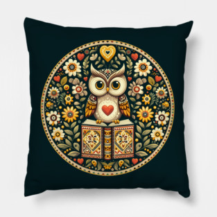 Wise Owl with Books – Scandinavian Folk Art Back to School Design © heidiannemorris Pillow