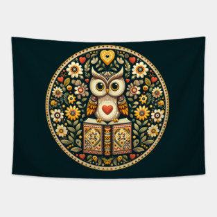 Wise Owl with Books – Scandinavian Folk Art Back to School Design © heidiannemorris Tapestry