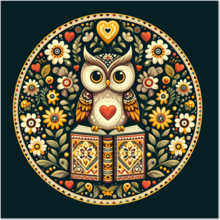 Wise Owl with Books – Scandinavian Folk Art Back to School Design © heidiannemorris Posters and Art