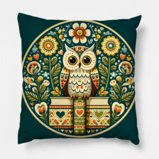 Wise Owl with Books – Scandinavian Folk Art Back to School Design © heidiannemorris Pillow