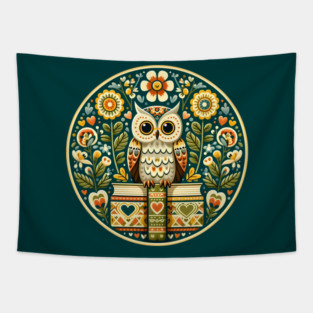 Wise Owl with Books – Scandinavian Folk Art Back to School Design © heidiannemorris Tapestry