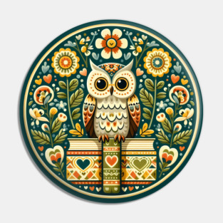 Wise Owl with Books – Scandinavian Folk Art Back to School Design © heidiannemorris Pin
