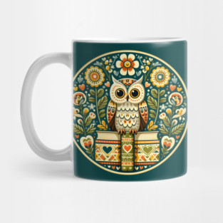 Wise Owl with Books – Scandinavian Folk Art Back to School Design © heidiannemorris Mug