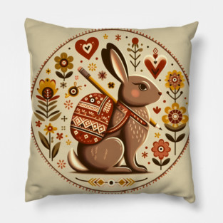 Backpack Bunny – Scandinavian Folk Art Back to School Design © heidiannemorris Pillow