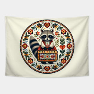 Boarding School Raccoon with Suitcase – Scandinavian Folk Art Back to School Design © heidiannemorris Tapestry