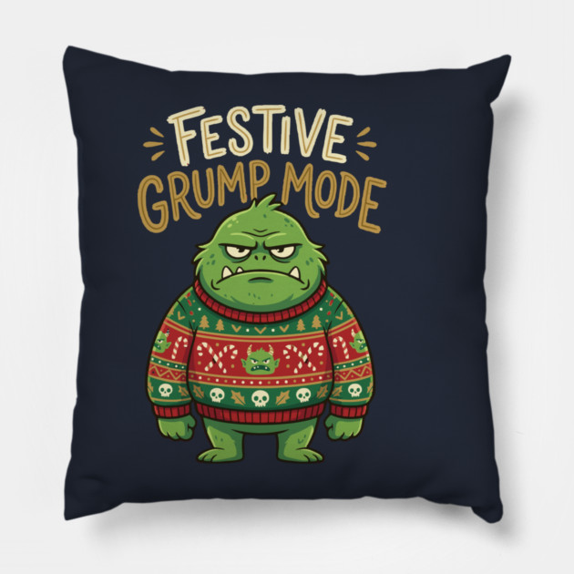 Festive Grump Mode Funny Green Holiday Monster Pillow by Rommel's Store 1