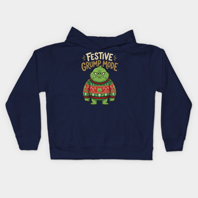 Festive Grump Mode Funny Green Holiday Monster Kids Hoodie by Rommel's Store 1