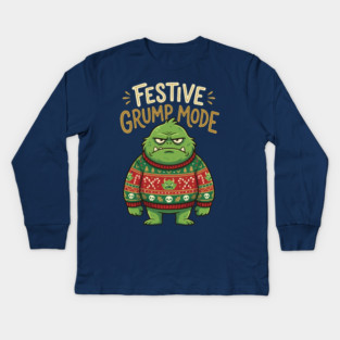 Festive Grump Mode Funny Green Holiday Monster Kids Long Sleeve T-Shirt