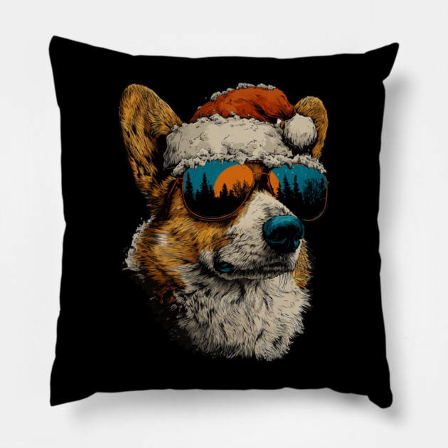 Festive Corgi With Sunglasses Santa Hat Snow Christmas Dog Pillow by yangho
