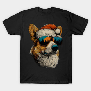 Festive Corgi With Sunglasses Santa Hat Snow Christmas Dog T-Shirt