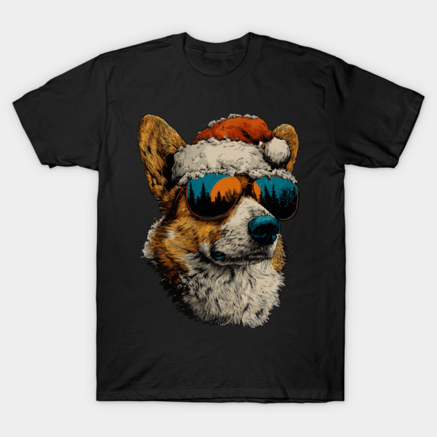 Festive Corgi With Sunglasses Santa Hat Snow Christmas Dog T-Shirt by yangho