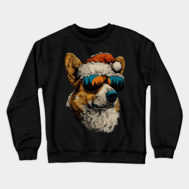 Festive Corgi With Sunglasses Santa Hat Snow Christmas Dog Crewneck Sweatshirt by yangho