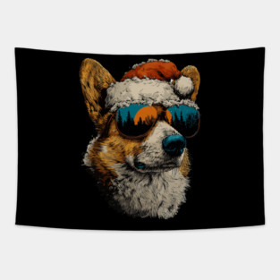 Festive Corgi With Sunglasses Santa Hat Snow Christmas Dog Tapestry