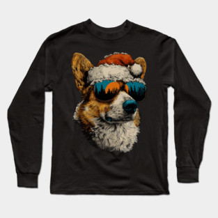 Festive Corgi With Sunglasses Santa Hat Snow Christmas Dog Long Sleeve T-Shirt