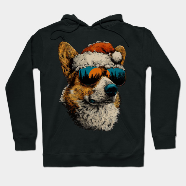 Festive Corgi With Sunglasses Santa Hat Snow Christmas Dog Hoodie by yangho