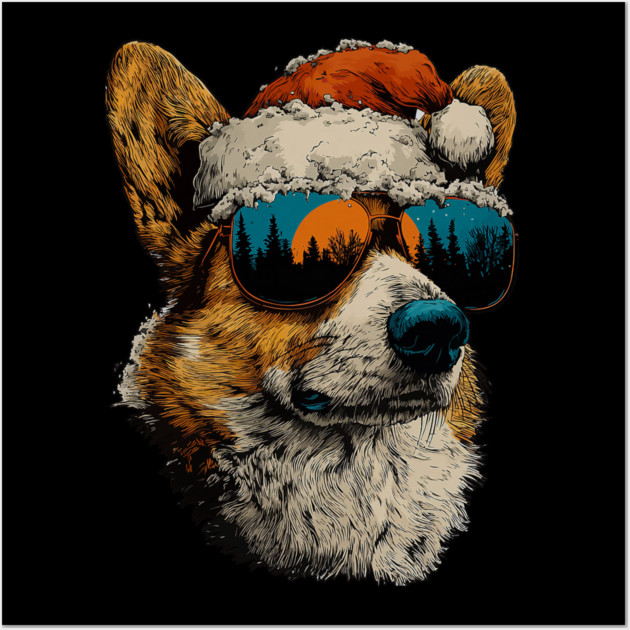 Festive Corgi With Sunglasses Santa Hat Snow Christmas Dog Wall Art by yangho