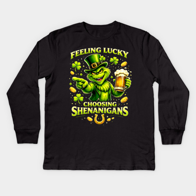Feeling Lucky Choosing Shenanigans St Patrick’s Day Grinch Shirt Kids Long Sleeve T-Shirt by UrbanLifeApparel