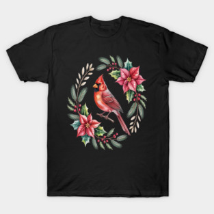 Christmas Cardinal Poinsettia Wreath T-Shirt