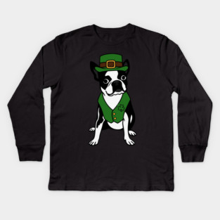 Leprechaun Boston Terrier St Patrick’s Day Dog Kids Long Sleeve T-Shirt