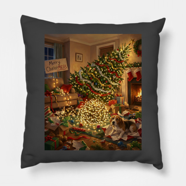 Merry Christmess Funny Dog and Cat Holiday Chaos Pillow by Rommel's Store 1