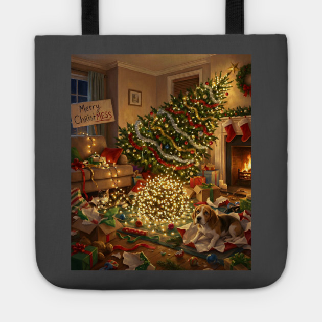 Merry Christmess Funny Dog and Cat Holiday Chaos Tote by Rommel's Store 1