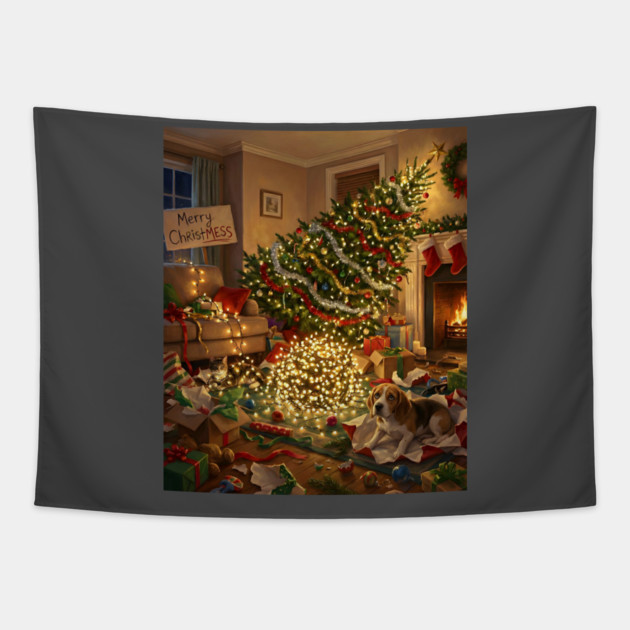 Merry Christmess Funny Dog and Cat Holiday Chaos Tapestry by Rommel's Store 1