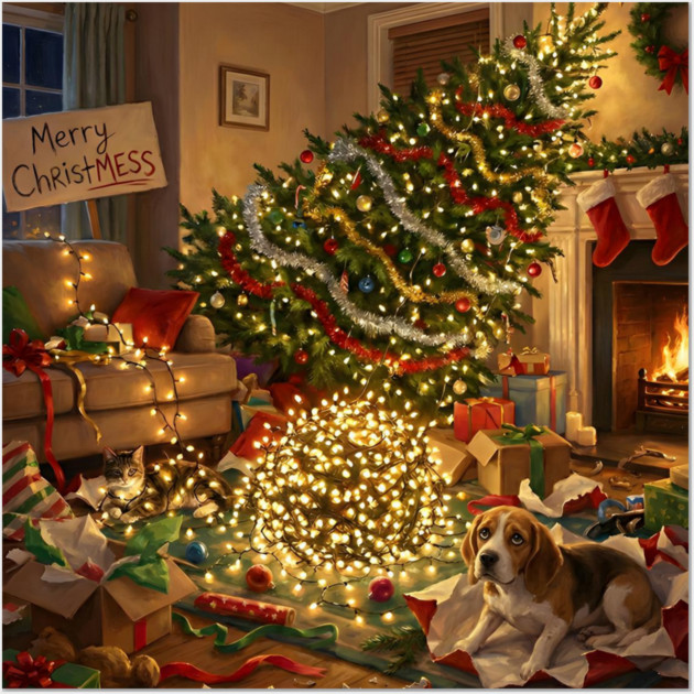 Merry Christmess Funny Dog and Cat Holiday Chaos Wall Art by Rommel's Store 1