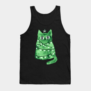Watercolor green Christmas cat Tank Top