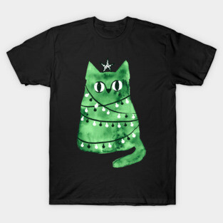 Watercolor green Christmas cat T-Shirt