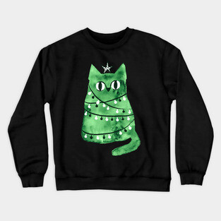 Watercolor green Christmas cat Crewneck Sweatshirt
