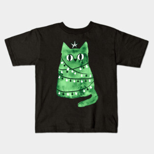Watercolor green Christmas cat Kids T-Shirt