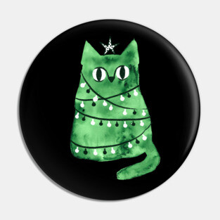 Watercolor green Christmas cat Pin