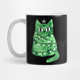 Watercolor green Christmas cat Mug
