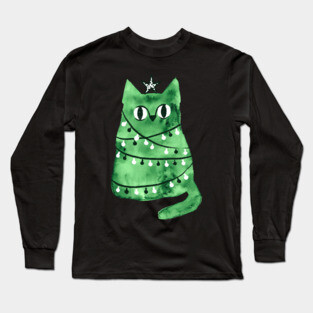 Watercolor green Christmas cat Long Sleeve T-Shirt