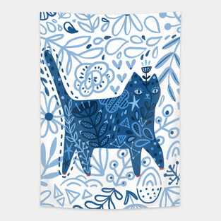 Blue floral cat Tapestry