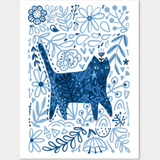 Blue floral cat Posters and Art
