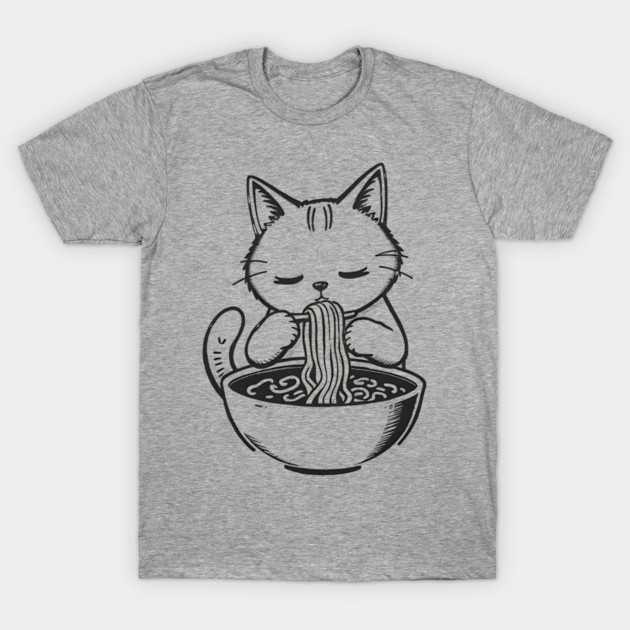 Cat Eating Ramen, Japanese Kawaii Anime for Cat Lovers, Men, Women, Kids T-Shirt by Pixel Threads 