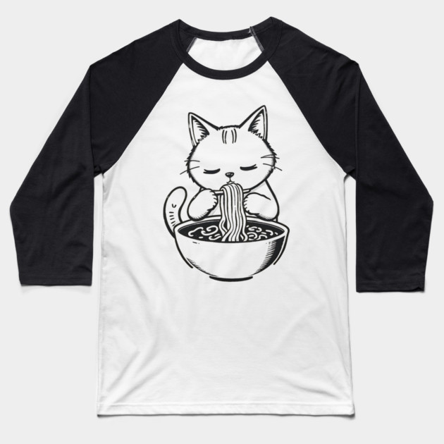 Cat Eating Ramen, Japanese Kawaii Anime for Cat Lovers, Men, Women, Kids Baseball T-Shirt by Pixel Threads 