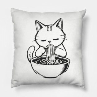 Cat Eating Ramen, Japanese Kawaii Anime for Cat Lovers, Men, Women, Kids Pillow