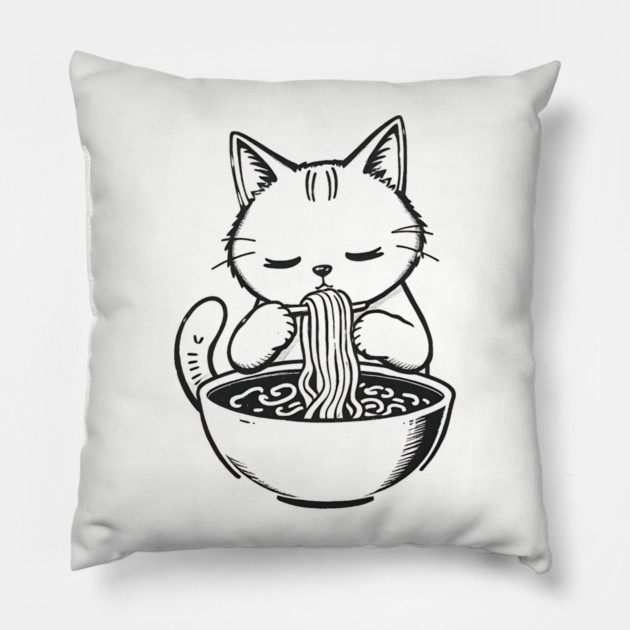 Cat Eating Ramen, Japanese Kawaii Anime for Cat Lovers, Men, Women, Kids Pillow by Pixel Threads 