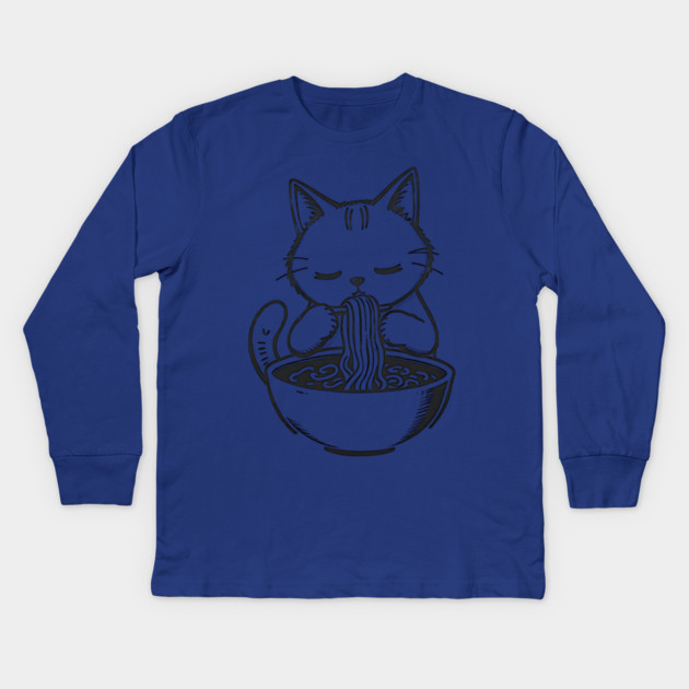 Cat Eating Ramen, Japanese Kawaii Anime for Cat Lovers, Men, Women, Kids Kids Long Sleeve T-Shirt by Pixel Threads 