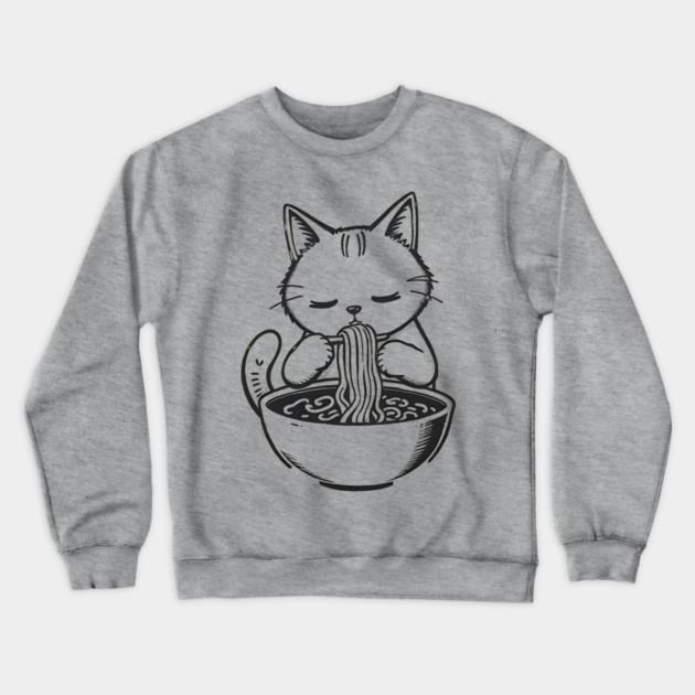 Cat Eating Ramen, Japanese Kawaii Anime for Cat Lovers, Men, Women, Kids Crewneck Sweatshirt by Pixel Threads 